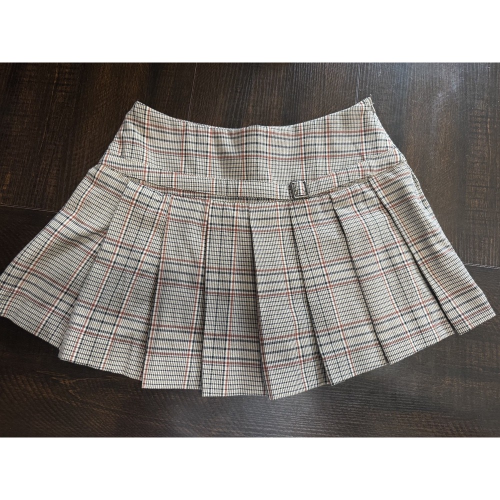 Altar'd State Plaid Pleated Mini Skirt Skort Brown Tan Buckle Size S #1118
